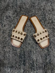 Zara Cream Eyelet Gold Tone Flat