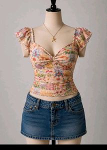 Floral Mesh Ruched Top