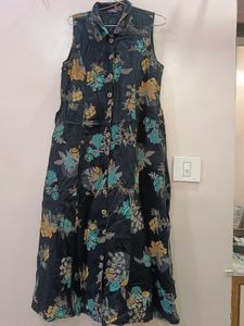 Floral Sleeveless Long Shirt  Dress Like One Piece