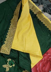Elegant Emerald Green And yellow Embroidered Saree