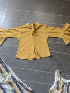 Yellow Mustard Kurta Set with Striped Skirt