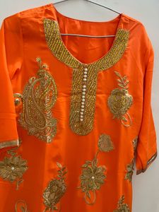 Bright Orange cord set with Gold Embroidery