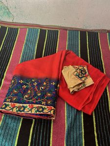 Red Saree with Embroidered Border