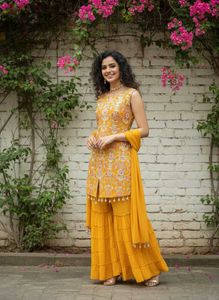 Yellow Embroidered Kurta Set with Sharara