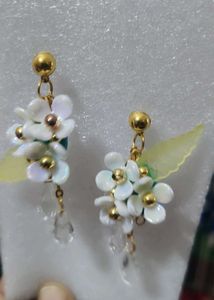 Handmade Elegant Pearl and Red Stone Drop Earrings