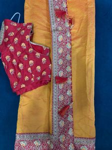 Elegant Yellow Saree with Red Blouse