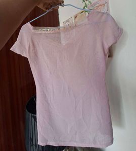 Sheer Pink V-Neck Top with beaded neckline