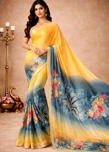 🇳🇿💫🎀Elegant Yellow & Blue Floral Print Saree