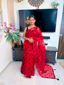 Vibrant Red Saree with Black Heart Print