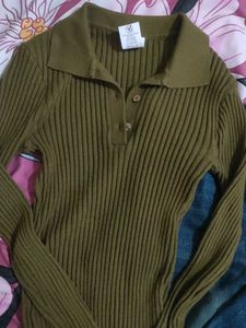 Olive Green Ribbed Collared top