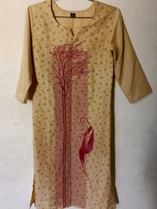 Elegant Beige Kurta with Red Tree Print