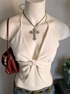 White Halter Neck Bow Front Top