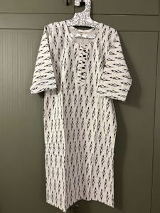 White Kurta with Black Ikat Print