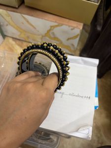 Onyx Black &amp; Gold Pearl-Bead Kada Pair