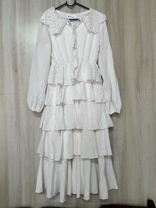 White Ruffled Tiered Dress with Lace Collar