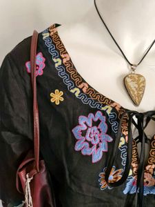 Boho Embroidered Black Top