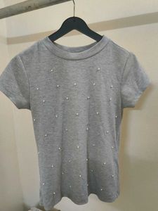 Pearl Detail Ribbed Tee