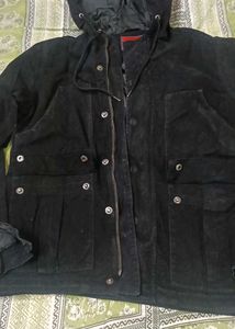 Black Suede Hooded Jacket