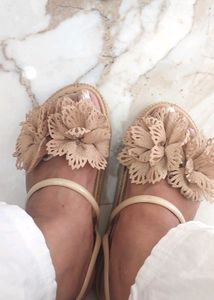 Beige Flower Embellished Flat Sandals