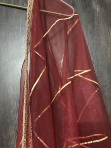 Maroon Net Dupatta with Golden Border