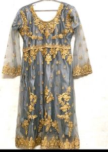 Elegant Grey &amp; Gold Embroidered Fabric