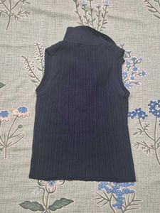 Navy Blue Ribbed Sleeveless Collared Top