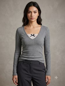 Charcoal Lace & Bow Ribbed Long Sleeve