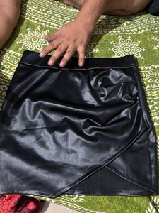 Black Ruched Faux Leather Skirt