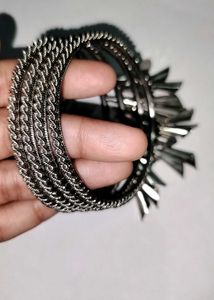 Elegant Oxidized Silver Tone Bangles with Tassel C