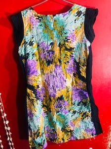Abstract Print Dress with Solid Black Trim