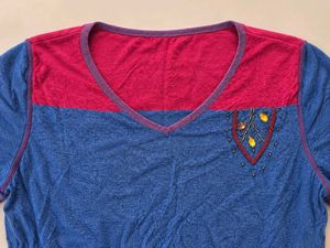 Colorblock V-Neck Top with Emblem