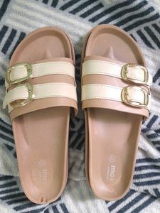 Stylish Beige Slides with Gold Buckles