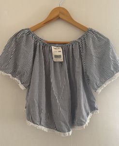 Striped Off-Shoulder Top with Lace Trim