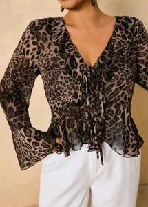 Leopard Print Ruffle Tie-Front Top