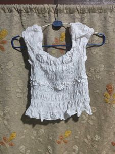 white smocked ruffle crop top