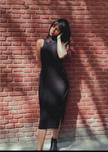 Sleek Black Ribbed Mock Neck Midi Dress