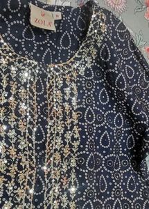 Elegant Navy Blue Kurta with Embellished Neckline