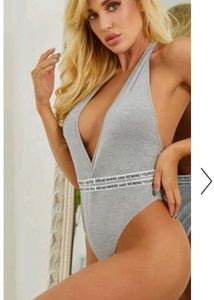 Grey Plunging Neck Bodysuit