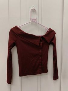 Maroon Off-Shoulder Button-Up Top