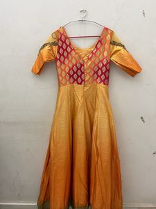 Ethnic Gown With Dupatta Orange Yellow Colour