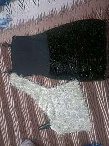 Party Wear Black Sequence Middy With One SideShrug