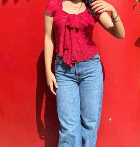 Red Bow Front Textured Top