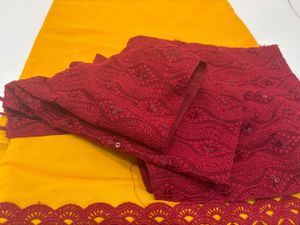 Maroon Embroidered Blouse with Yellow Saree