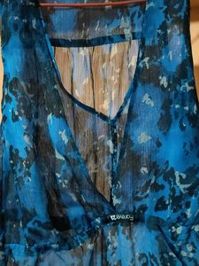Blue Floral Print Sheer Dress