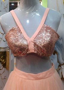 Peach Sequin Crop Top &amp; Tiered Skirt Set