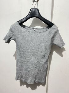 Grey Ribbed Off-Shoulder Top