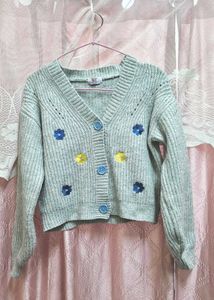 Gray Embroidered Button-Up Cardigan