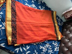 Orange &amp; Black cotton Saree with blouse