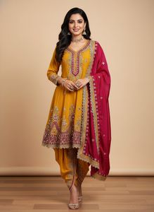 Festive embroidered Silk Ankarkali Dhoti Suit set