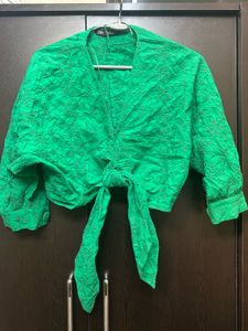 Zara Green Floral Tie-Front Blouse
